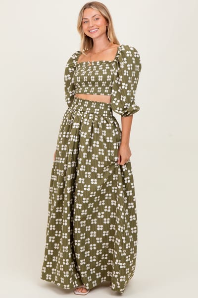 Hers & Mine Olive Printed Smocked Crop Top Maxi Skirt Set