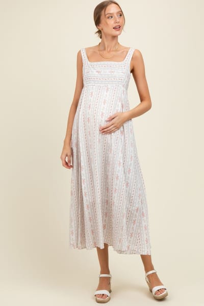 PinkBlush Light Gray Cotton Floral Square Neck Sleeveless Maternity Maxi Dress