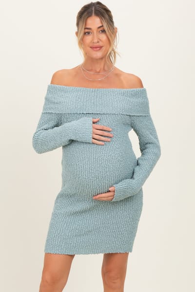 Illa Illa Light Blue Off The Shoulder Knit Sweater Maternity Mini Dress