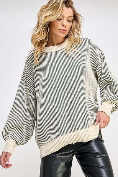 Miss Love Olive Ribbed Balloon Sleeve Sweater