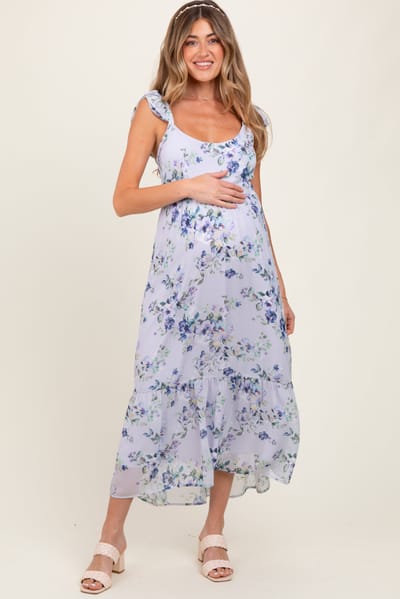 PinkBlush Lilac Floral Textured Open Back Tie Maternity Maxi Dress