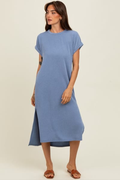 Rhea + Thea Blue Ribbed Short Sleeve Midi Dress