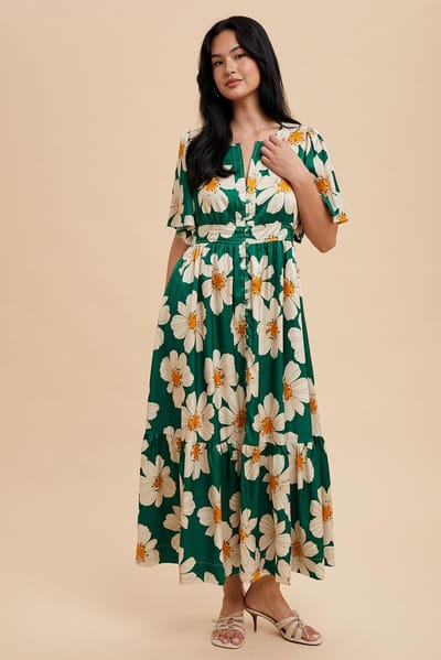 In Loom Emerald Notched Collar Floral Button Down Maxi Dress