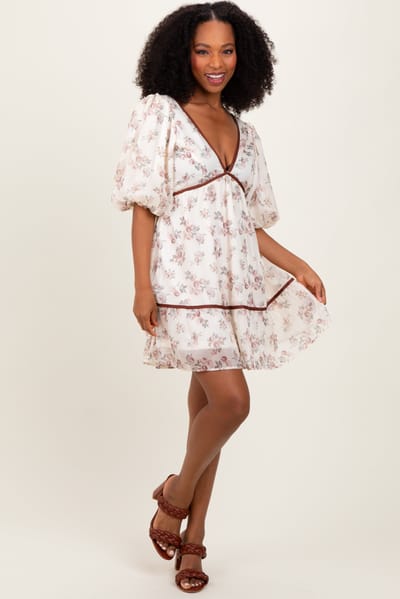 BaeVely Cream Floral Deep V-Neck Back Cutout Dress