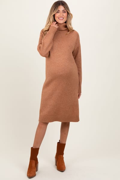Zenana Outfitters Camel Turtleneck Side Slit Maternity Midi Sweater Dress