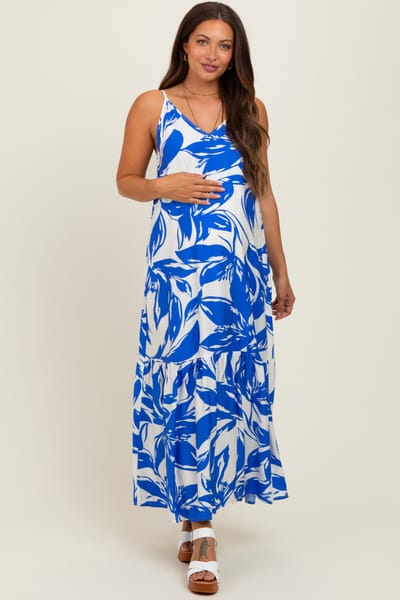 PinkBlush Blue Floral Scoop Tie Back Maternity Maxi Dress