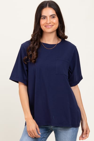 Elloh Navy Oversized Pocket Front Short Sleeve Top