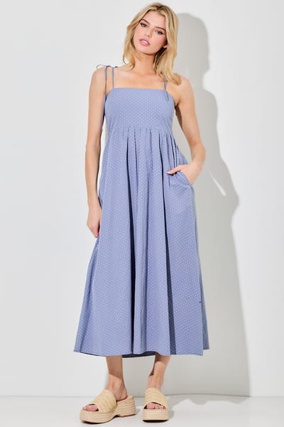 BaeVely Blue Polka Dot Shoulder Tie Midi Dress