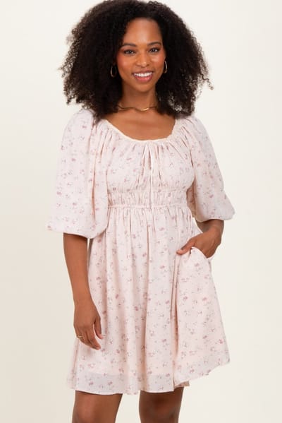 Polagram Cream Floral Square Neck Bubble Sleeve Dress