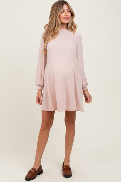 Lovely Melody Light Pink Ribbed Mock Neck Bubble Sleeve Maternity Dress