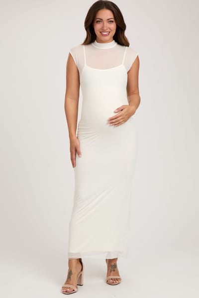 Fore Collection Ivory Mock Neck Sleeveless Mesh Maternity Midi Dress
