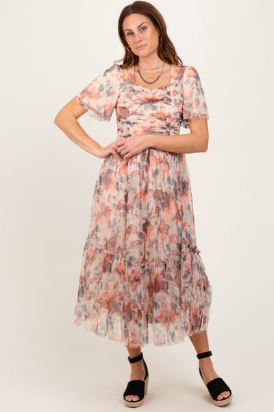 Tea N Rose Peach Floral Mesh Sweetheart Neck Midi Dress
