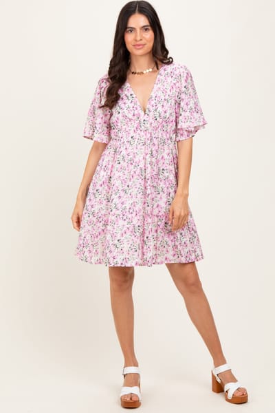 She + Sky Pink Floral V-Neck Flutter Sleeve Mini Dress
