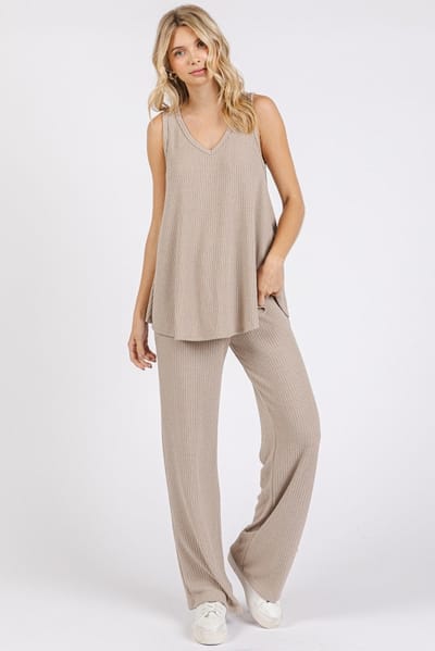 Mitto Taupe Rib Knit Tank and Pant Set