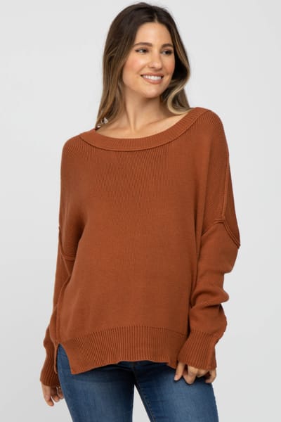 Miracle Camel Exposed Seam Side Slit Maternity Sweater