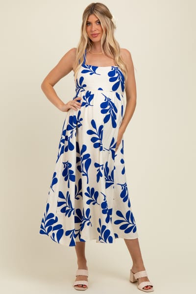 PinkBlush Royal Blue Leaf Print Tie Back Cutout Maternity Midi Dress