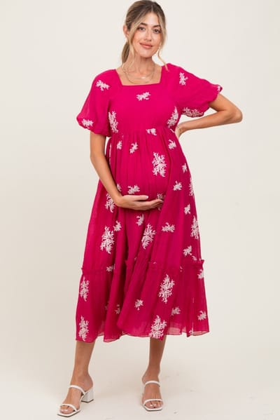 Polagram Magenta Floral Print Ruffle Hem Maternity Midi Dress