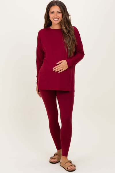 Zenana Outfitters Burgundy Brushed Knit Oversized Top and Legging Maternity Set