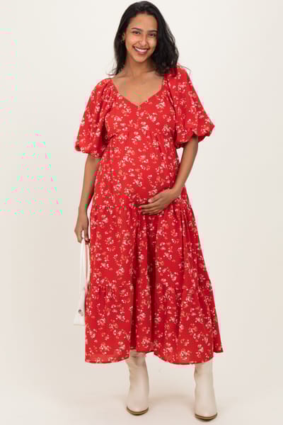 BaeVely Red Floral Tiered Puff Sleeve Maternity Midi Dress