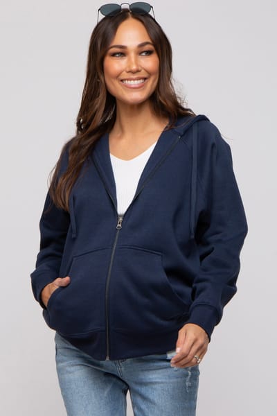 Rae Mode Navy Front Zipper Hooded Maternity Sweater