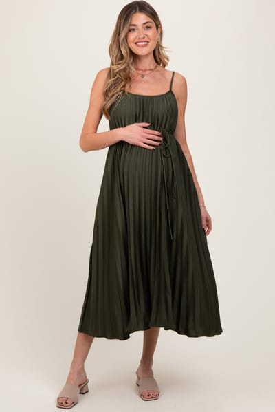 PinkBlush Olive Pleated Sash Tie Maternity Midi Dress