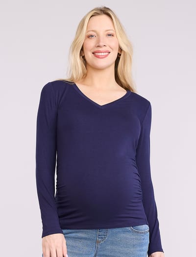 Motherhood Maternity Side Ruched Long Sleeve V-Neck Maternity Tee