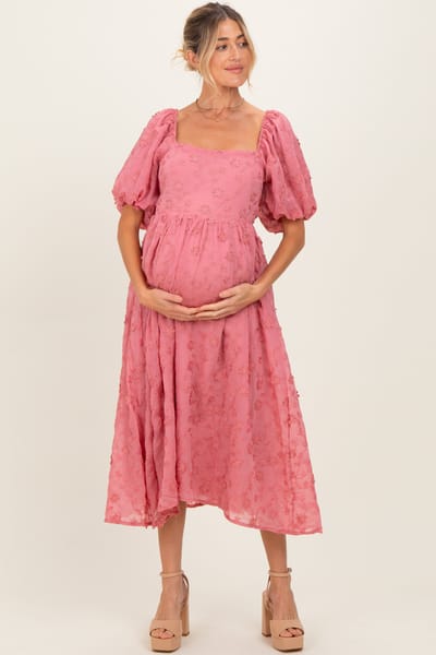 Endless Blu Mauve Embroidered Floral Puff Sleeve Maternity Midi Dress
