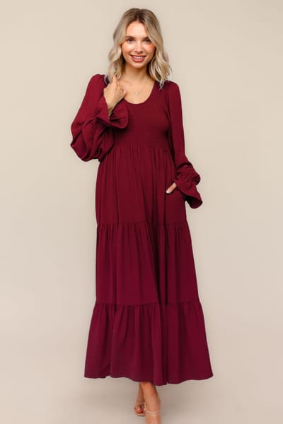 Haptics Burgundy Smocked Tiered Long Sleeve Plus Maxi Dress