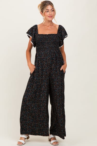 Elloh Black Floral Smocked Lace Trim Wide Leg Maternity Jumpsuit