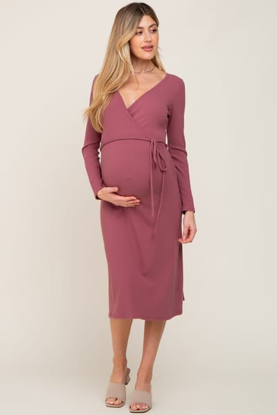 PinkBlush Mauve Rib Knit Long Sleeve Maternity Wrap Midi Dress