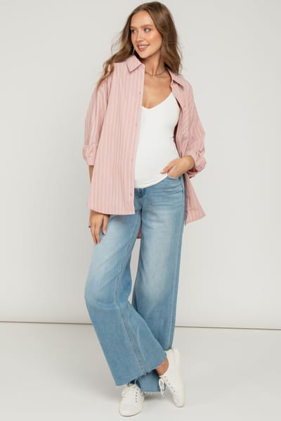 Vervet Light Wash Super High Rise Clean Cut Raw Hem Wide Leg Maternity Jeans