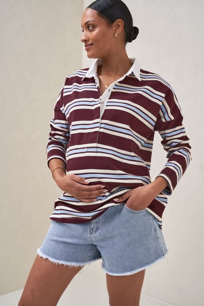Bae the Label Right Here Rugby Top - Burgundy Stripe