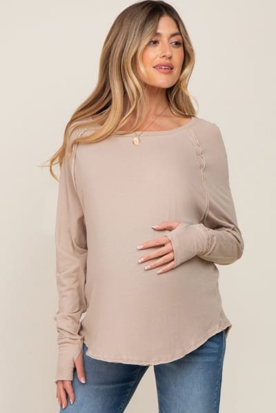 Zenana Outfitters Taupe Exposed Seam Long Sleeve Maternity Top