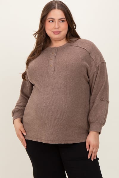 Zenana Outfitters Mocha Oversized Ribbed Knit Henley Maternity Plus Sweater