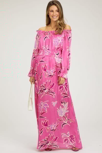 PinkBlush Fuchsia Floral Ruffle Neck Maternity Maxi Dress