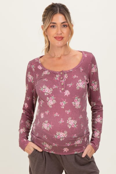 Rhea + Thea Burgundy Floral Ribbed Long Sleeve Button Down Maternity Tunic Top