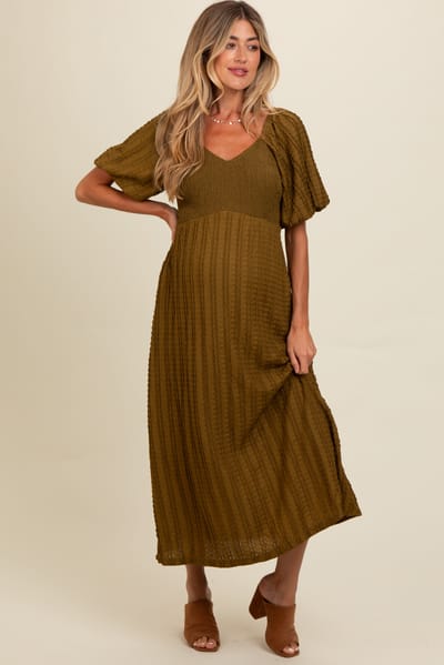 Polagram Olive Smocked V-Neck Short Puff Sleeve Textured Maternity Midi Dress