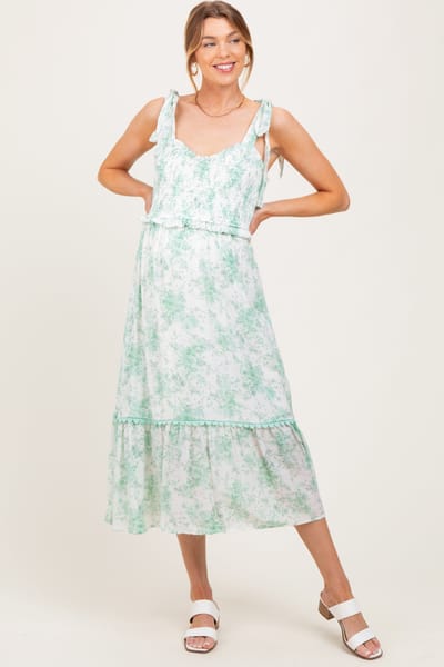 PinkBlush Mint Floral Smocked Shoulder Tie Maternity Midi Dress