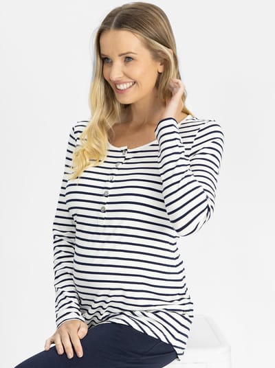 Angel Maternity Maternity and Nursing Long Sleeve Top in Navy and White stripes