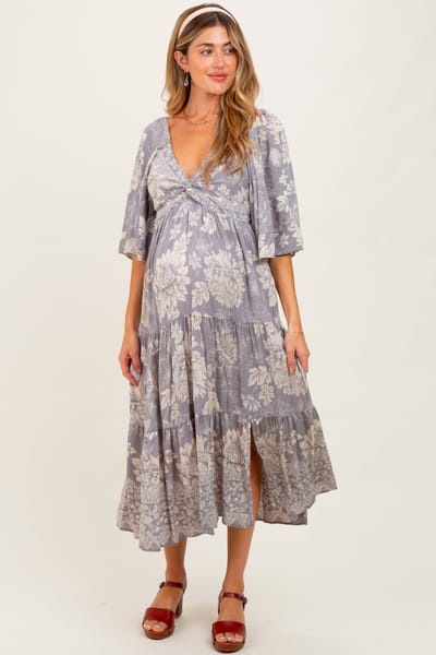 Angie Light Grey Floral Twisted Front Tiered Maternity Midi Dress