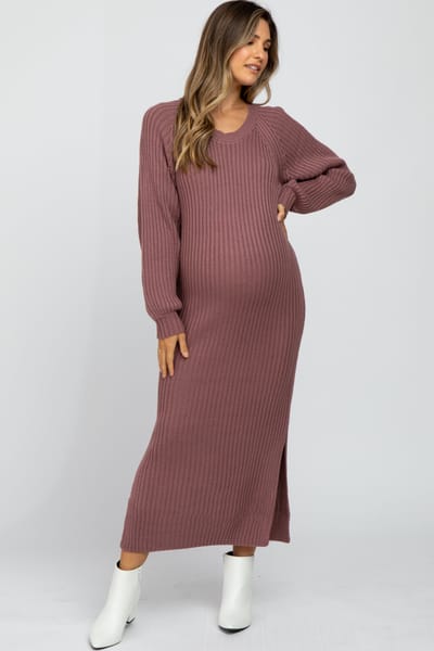 In Loom Mauve Side Slit Maternity Maxi Sweater Dress
