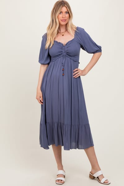 Dress Day Blue Smocked Cinched Front Maxi Dress