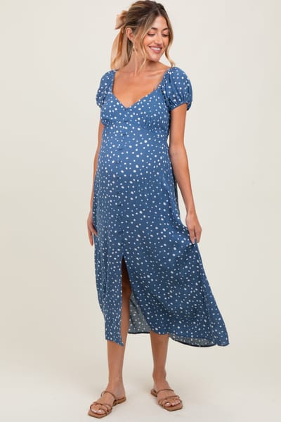 Final Touch Blue Printed Button Accent Puff Sleeve Maternity Midi Dress