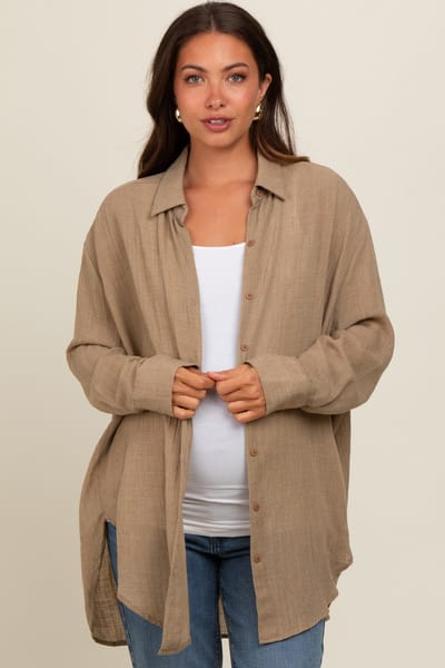PinkBlush Taupe Lightweight Sheer Button Down Maternity Blouse