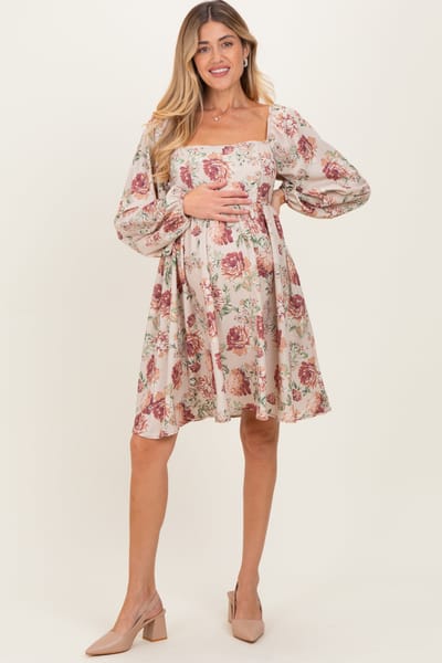 Kori America Cream Rose Floral Long Sleeve Maternity Dress