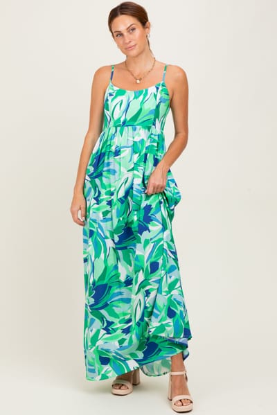 En Creme Green Printed Shoulder Tie Maxi Dress