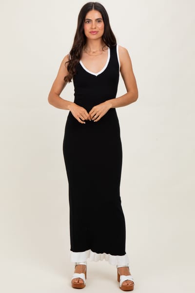 Et Clet Black Knit V-Neck Contrast Ruffle Hem Maxi Dress