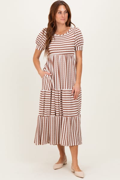 Rhea + Thea Cream/Camel Striped Short Sleeve Tiered Maxi Dress