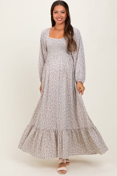 Elloh Lavender Floral Smocked Lace Trim Sweetheart Maternity Maxi Dress