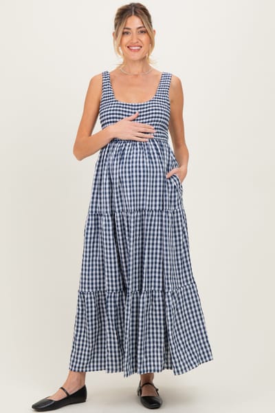 BaeVely Blue Gingham Sleeveless Tiered Maternity Maxi Dress